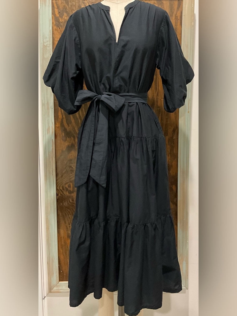 Roller Rabbit Black Tiered Midi Dress with Tie Belt